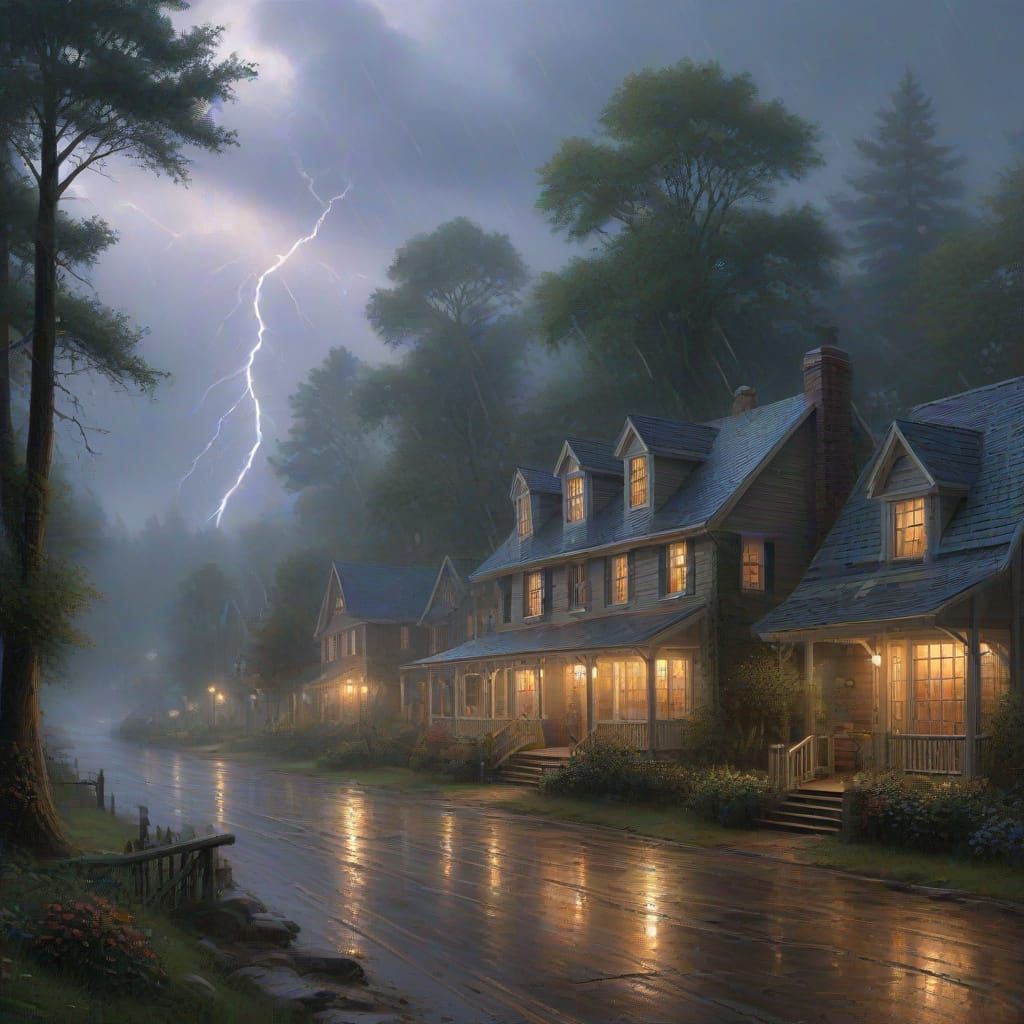 Several crashes of lightening, rain pouring down, coming down sideways.  The wind is blowing.