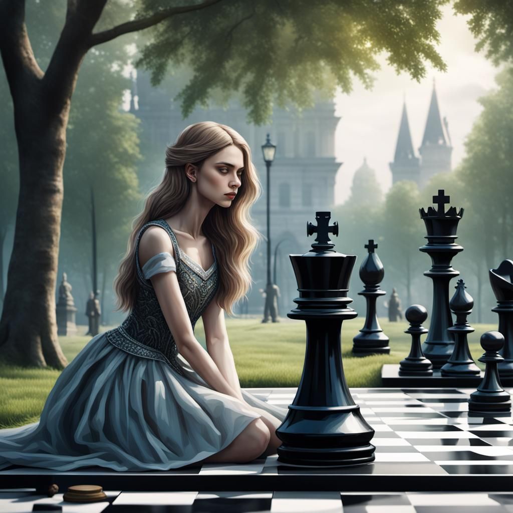 Elegant Girl's Chessboard Loss: Watercolor Art