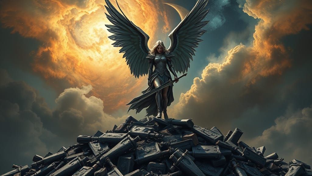 Battle-Scarred Angel Over Cosmic Ruins