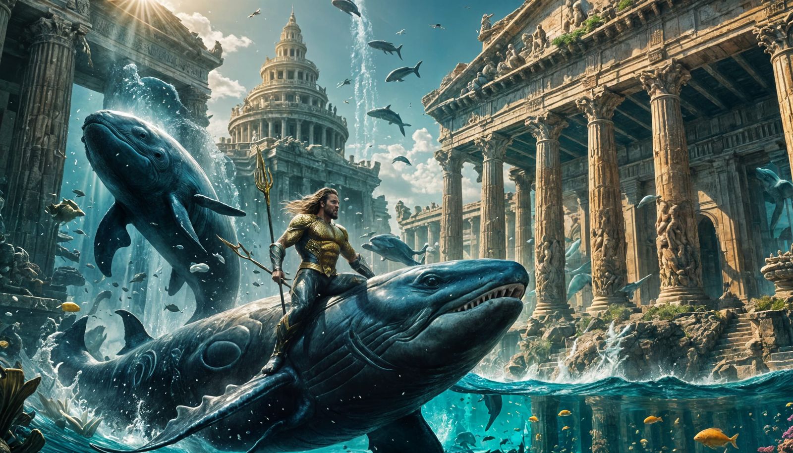 Aquaman Rides a Whale Past Sunken Palace