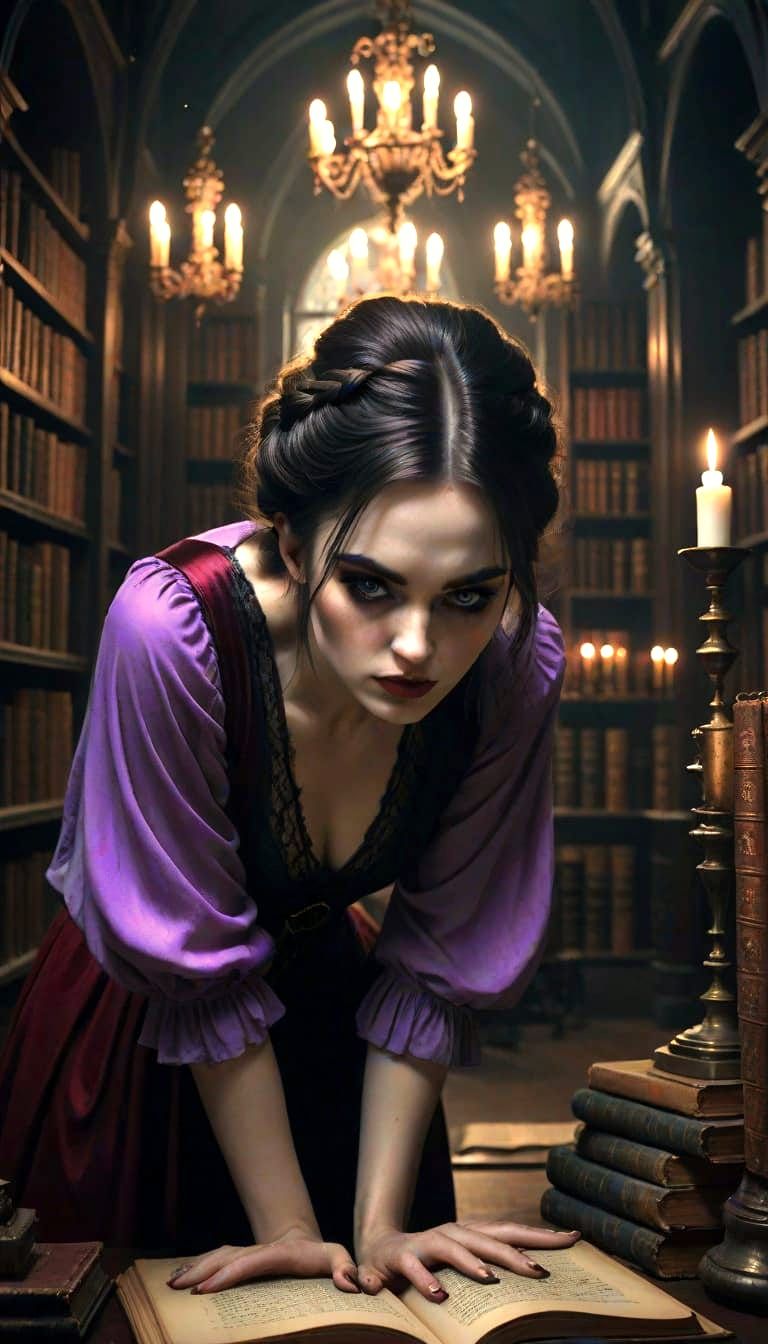 Gothic Beauty in Dimly Lit Library