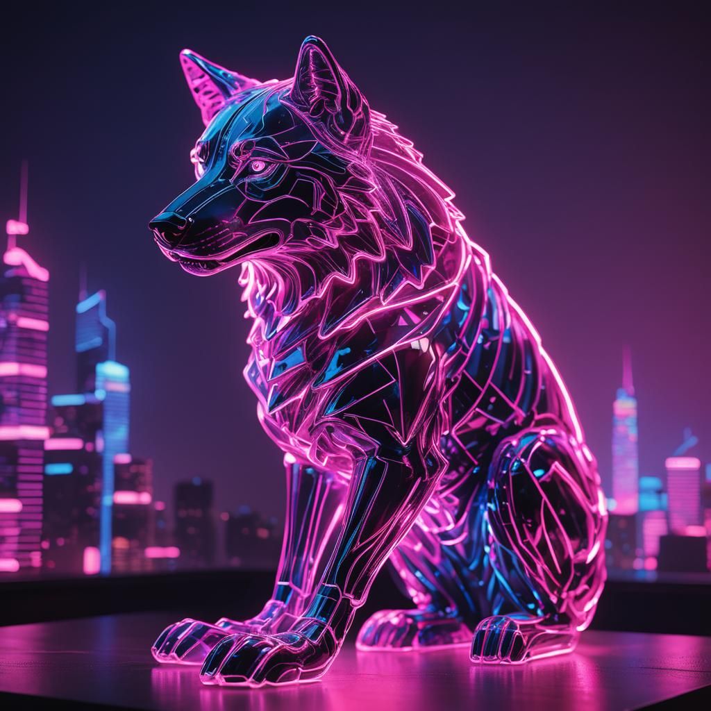Neon-Lit Glass Wolf Sculpture in Synthwave Style