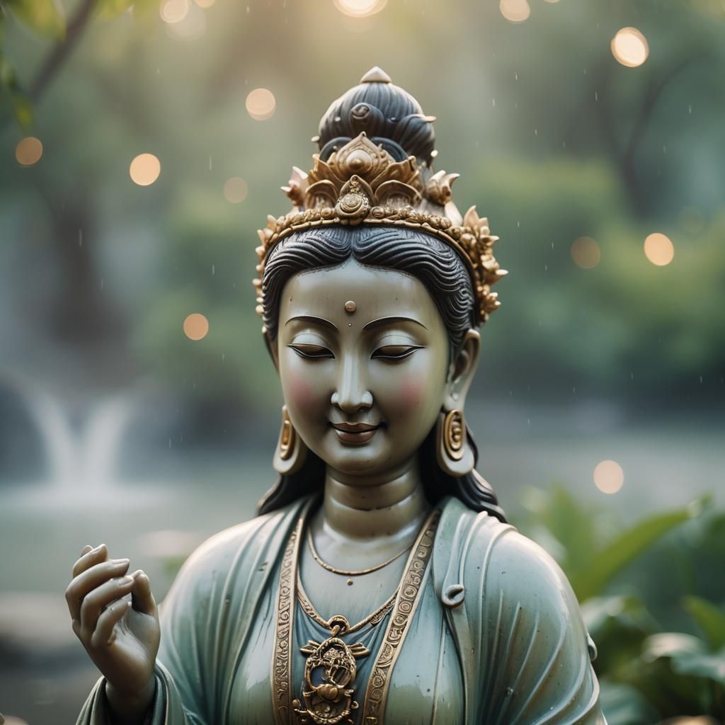 Smiling Quan Yin Statue in Soft Pastel Colors