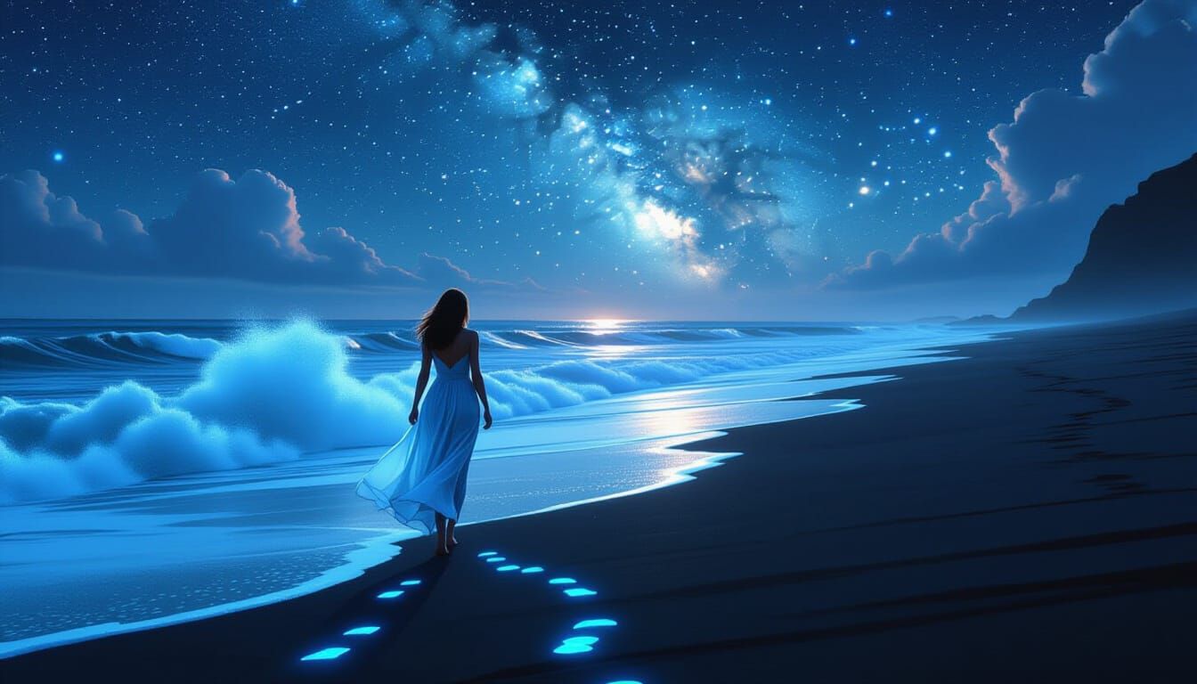 Bioluminescent Beach Walker: Cyberpunk Baroque Hyperrealism