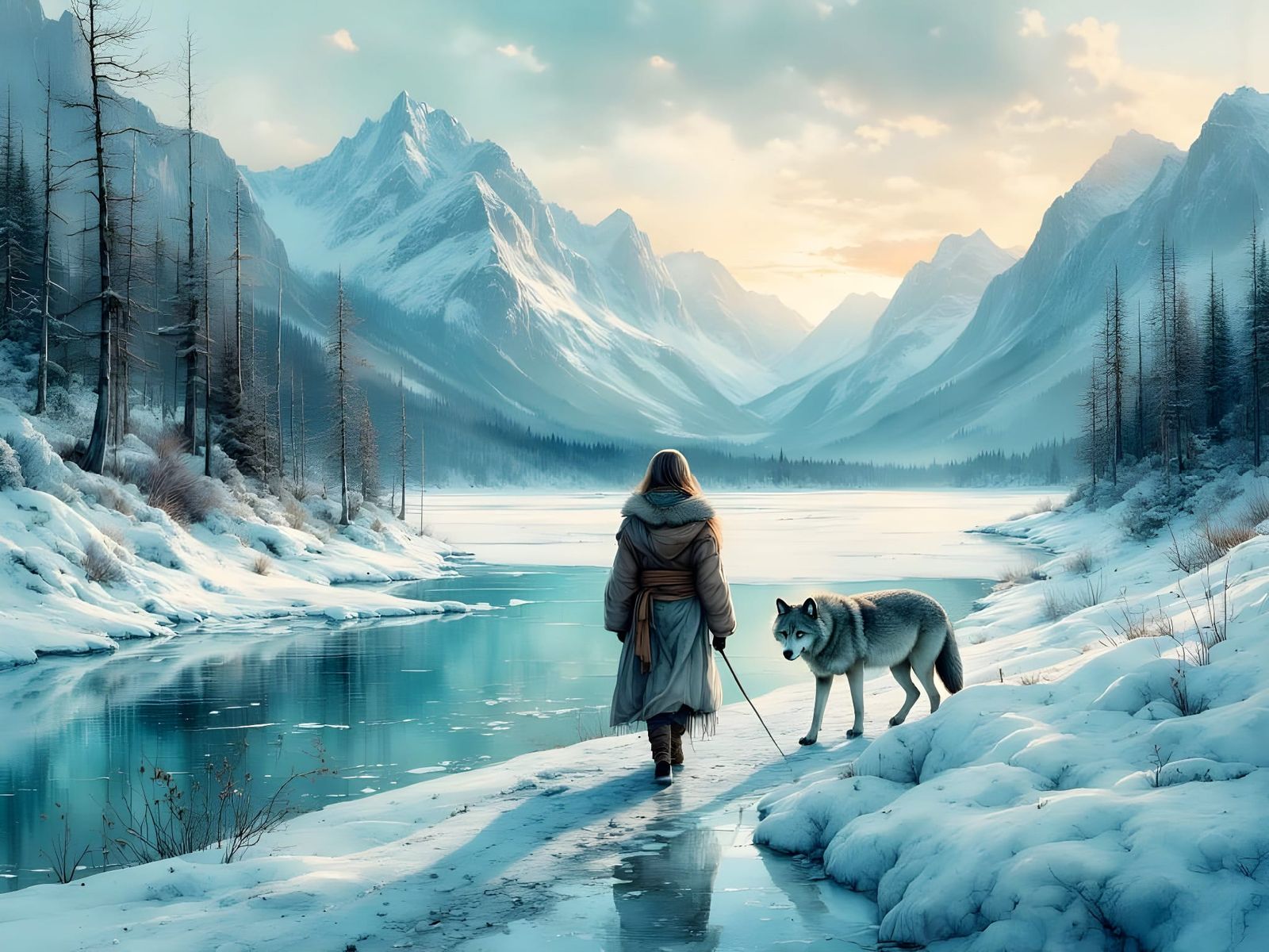 Nomadic Woman and Wolf on Frozen Lake
