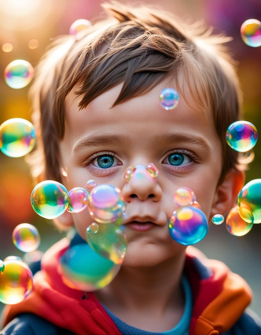 Close-up Portrait of Child with Iridescent Bubbles