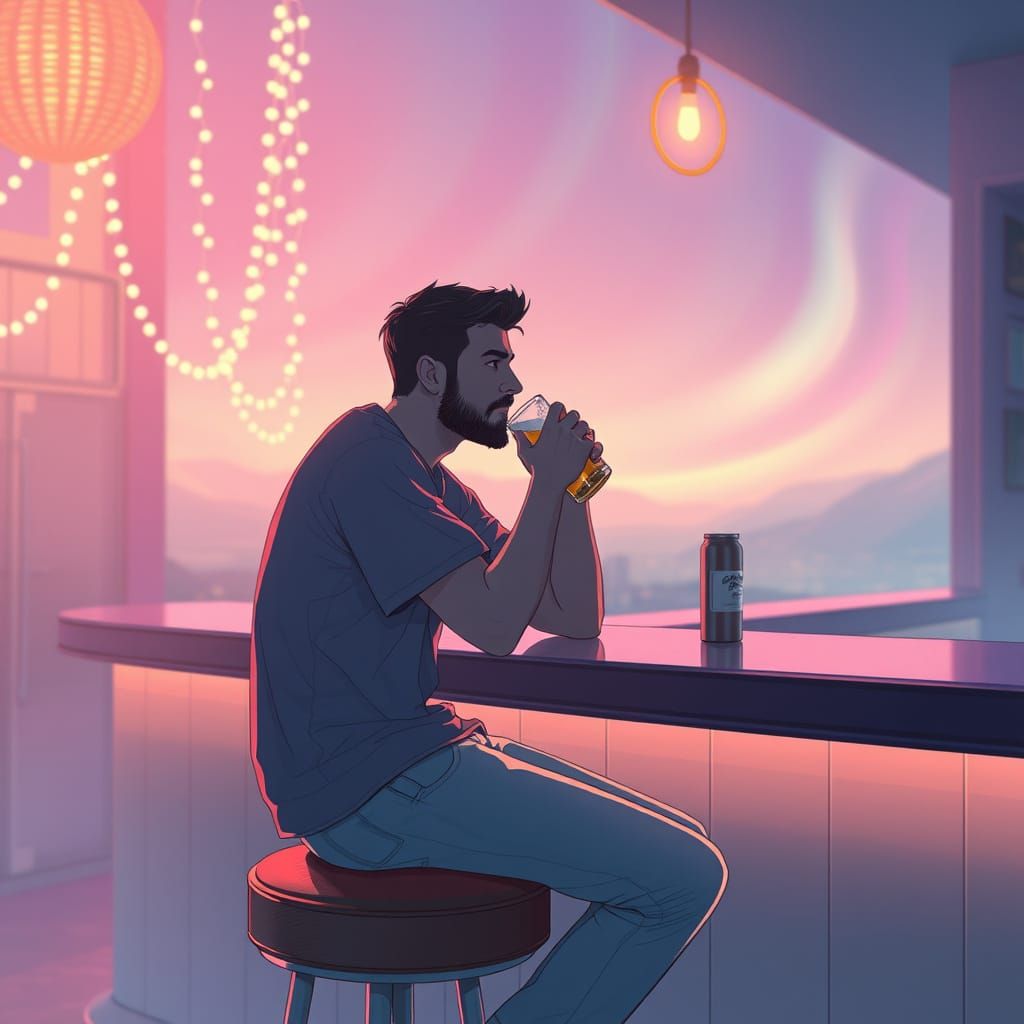 Dreamcore Man Drinking Beer in Surreal Bar