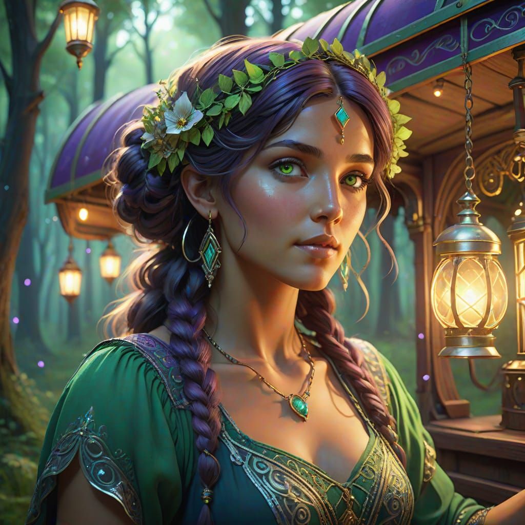 Whimsical Gypsy Enchantress in Art Nouveau Style