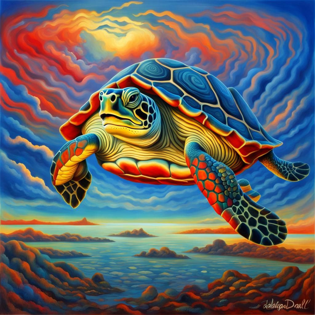 Surreal Turtle Swims in Dreamlike Sky, Salvador Dali Style