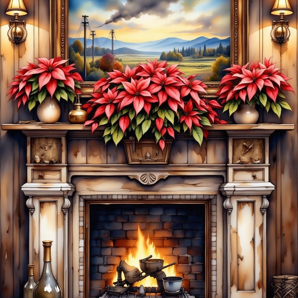 Vibrant Poinsettia on Ornate Mantel