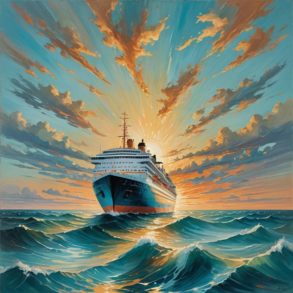 Passenger Ship Sailing: Surrealist Oil Painting at Sunset