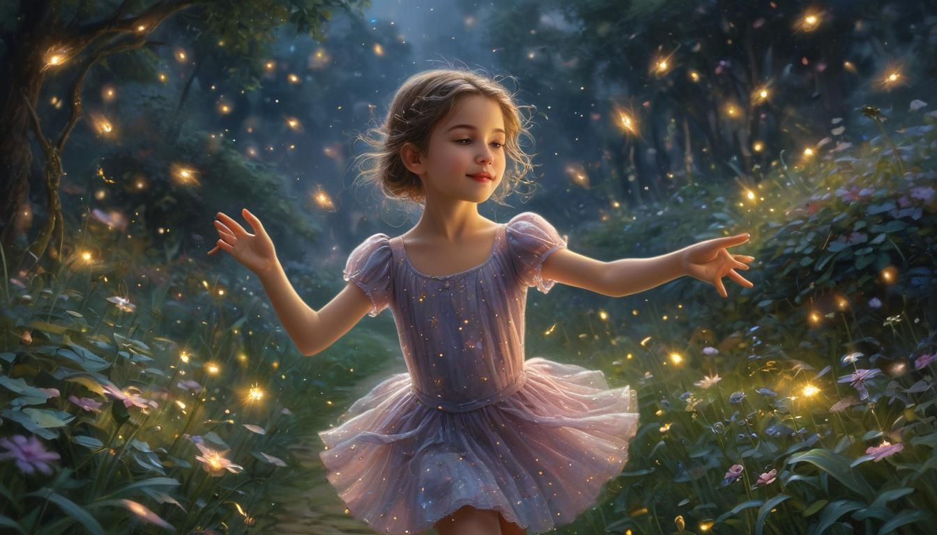 Girl Dancing in Twilight Garden: Romantic Realism