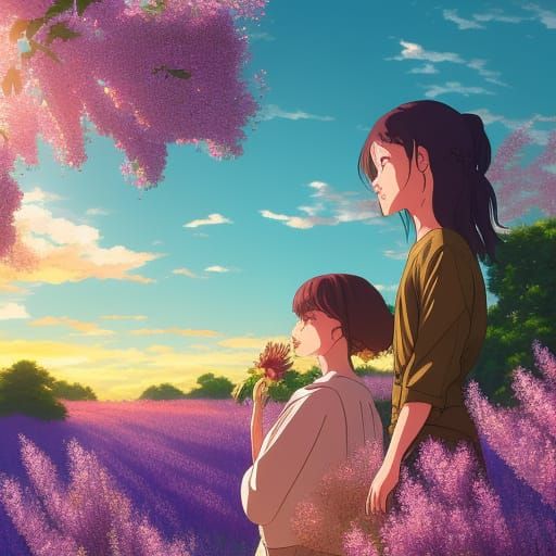 Anime Girls in Flower Meadow at Sunset
