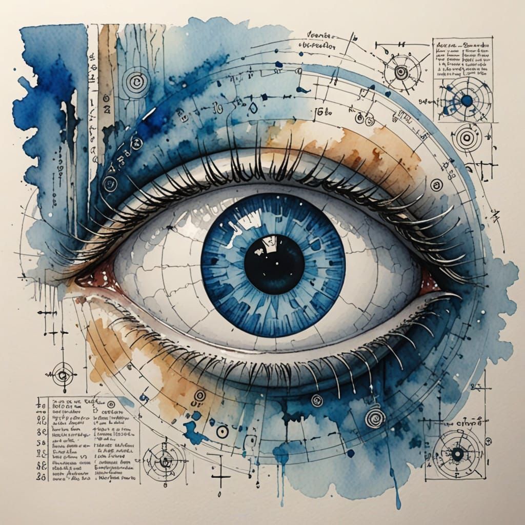 Eye Surrounded by Whirling Math Formulas in a Watercolor-Ins...