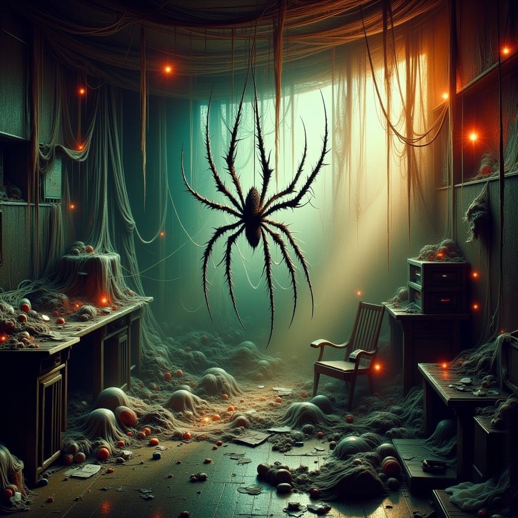Hyperrealistic Spiderweb Room with Trash and Junk