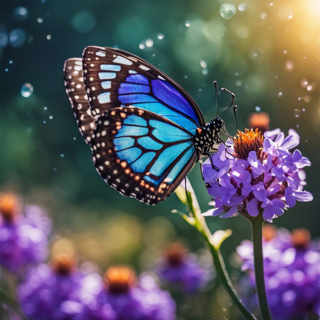 Intricate Butterflies Dance Around a Vibrant Purple Flower i...