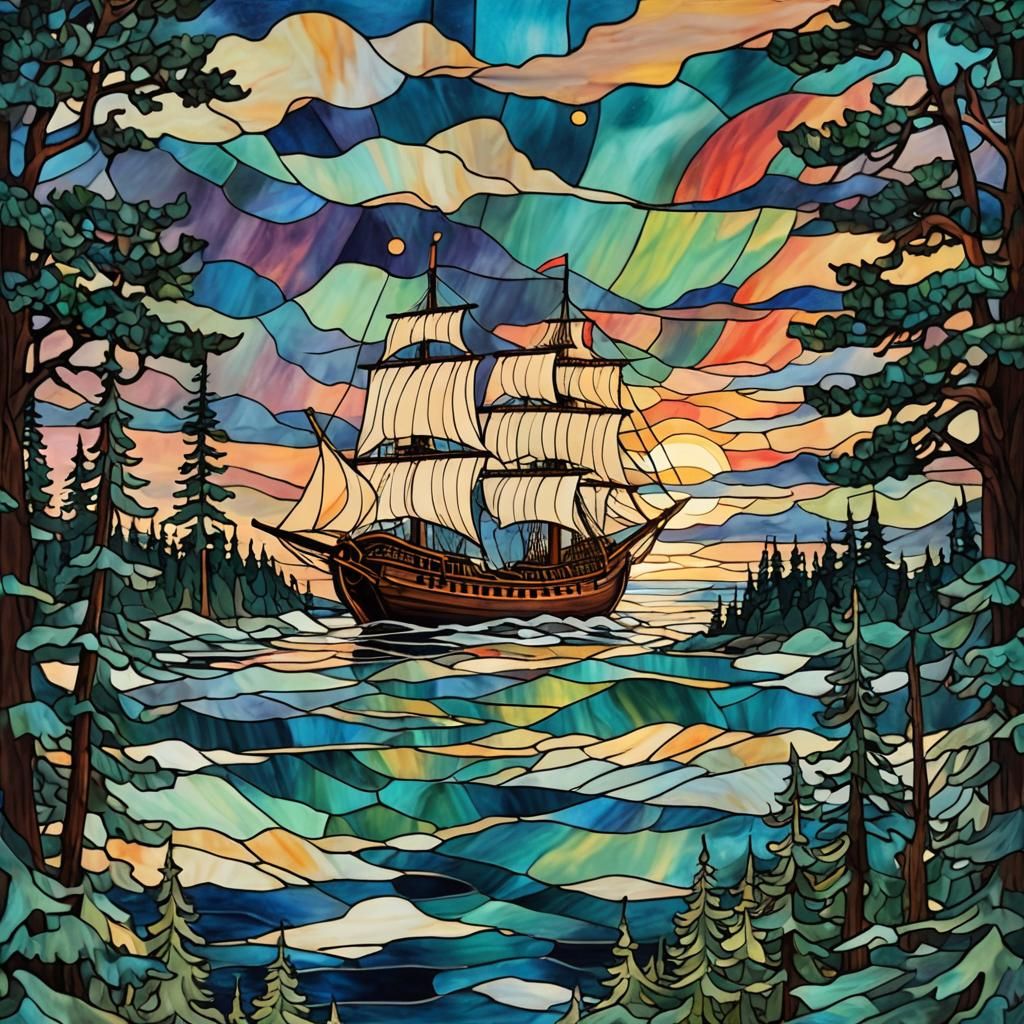 Fauvist Stained Glass Aurora Over Viking Ship