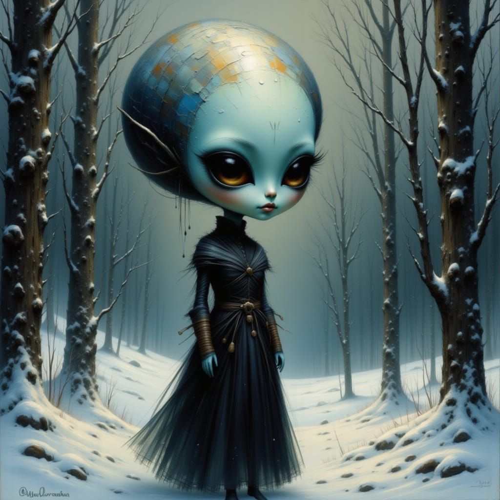 Alien Girl in Snowy Forest, Impressionistic Style