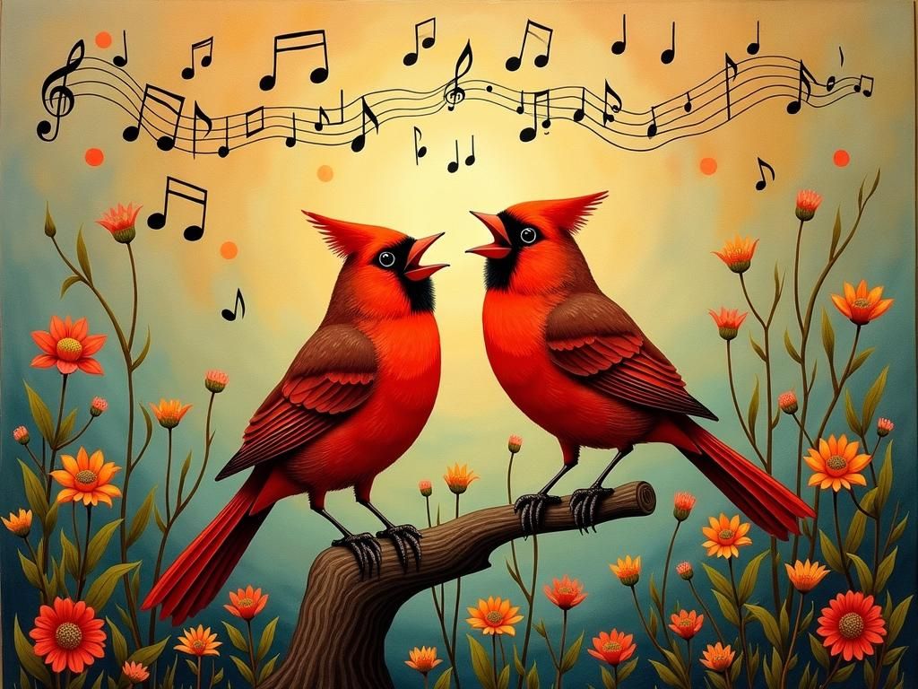 Cardinals Singing in Floral Fantasy Landscape