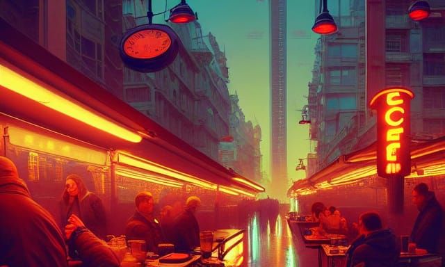 Coffee Machine Cityscape with Neon Lights