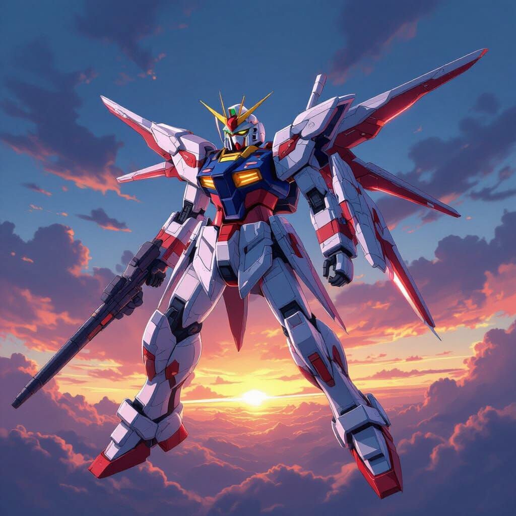 Freedom Gundam Soars Through Twilight Sky