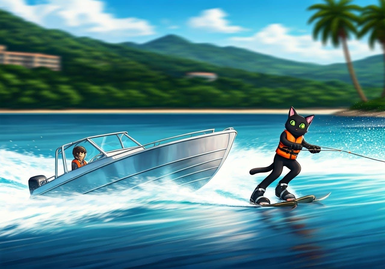 A cat waterskiing behind a speedboat