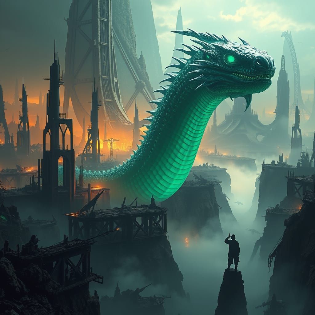 Epic Post-Apocalyptic Vista With Bioluminescent Serpent