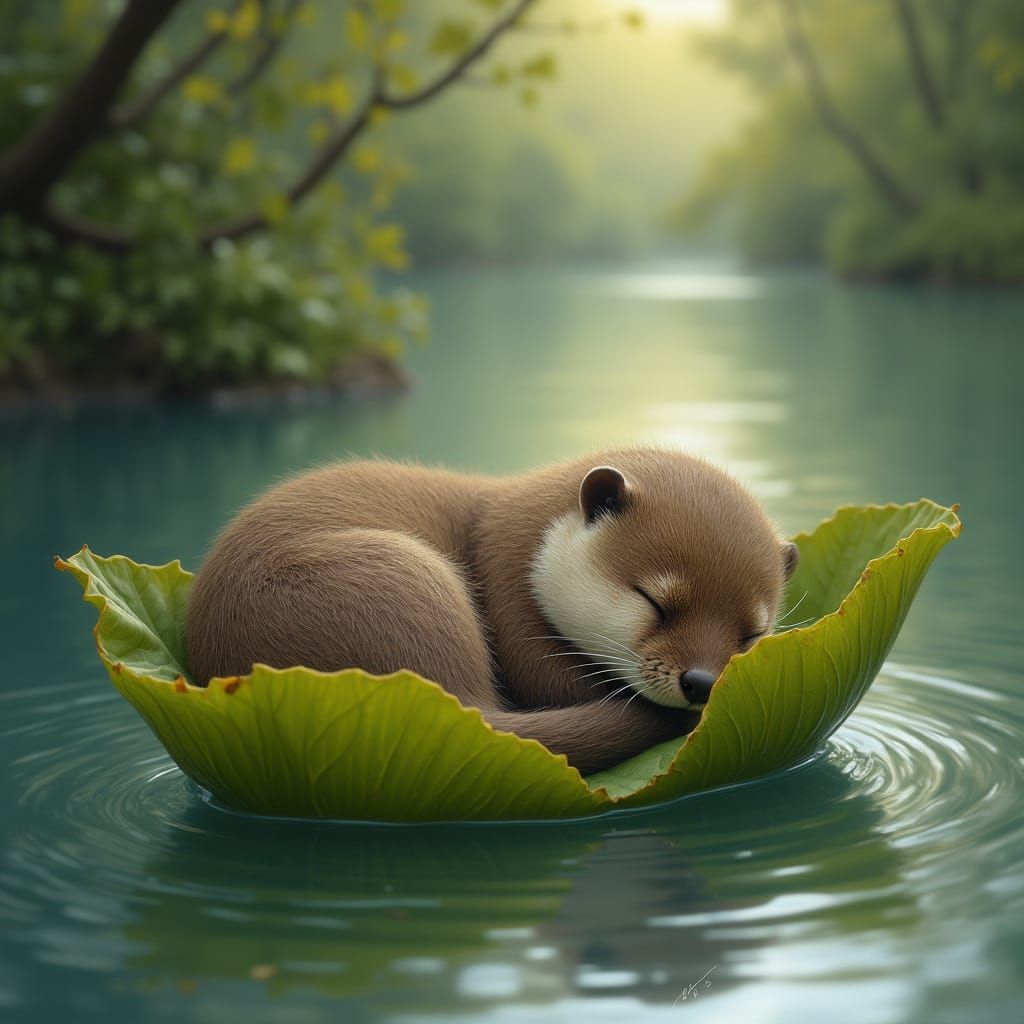 Detailed Otter Sleeping on Leaf in River