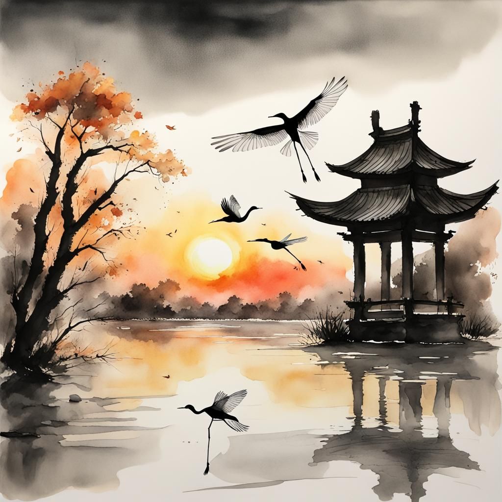 Sunset Crane Fly in Watercolor Ink Painting