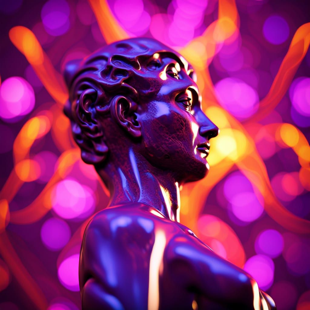 Biomechanical Marble Statue with Glowing Circuits