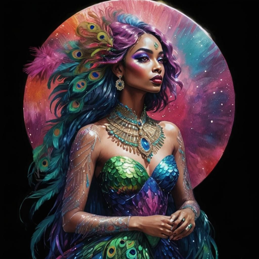 Peacock Woman Portrait with Cosmic Elements