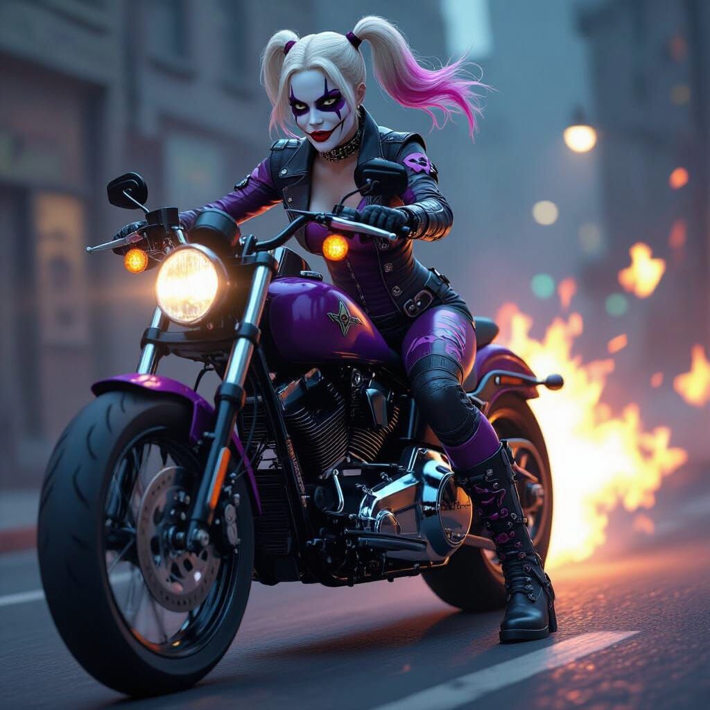 Harley Quinn With Skull Accents Rides Towards Viewer