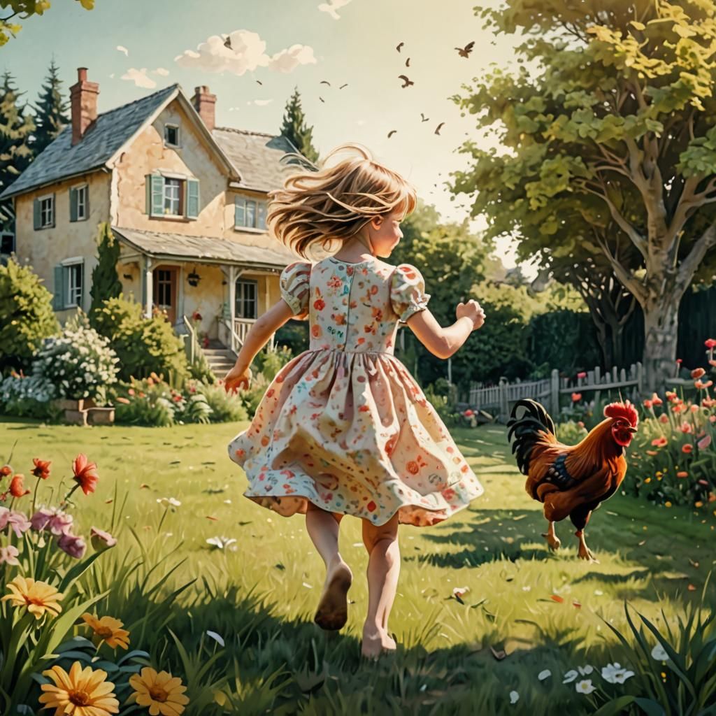 Girl Running from Rooster in Sunny Garden Illustration