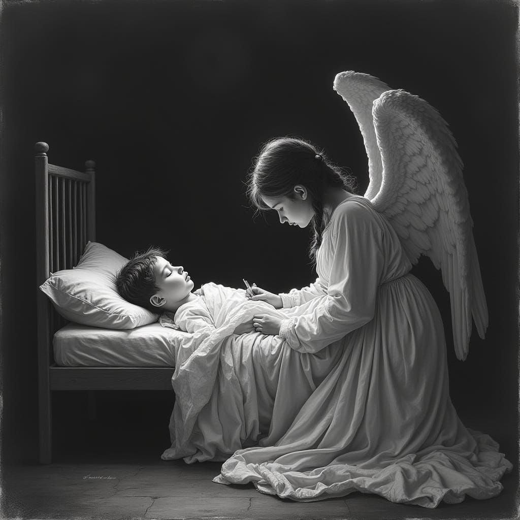 Angel's Gentle Vigil in Charcoal