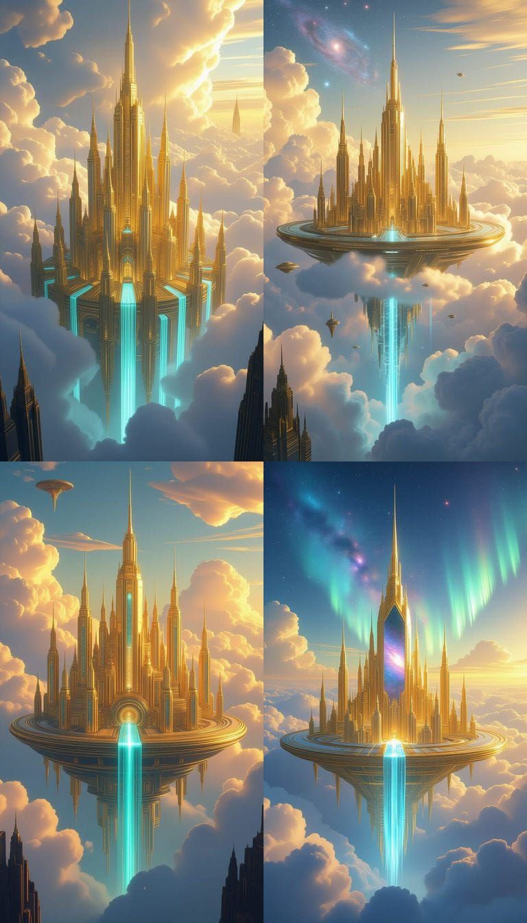 Golden City Suspended Above Clouds with Crystal Spires
