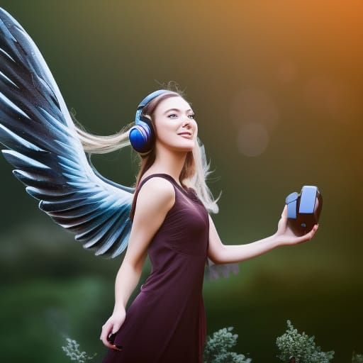 Winged Gamer Girl Flies Over Mountain Ridge