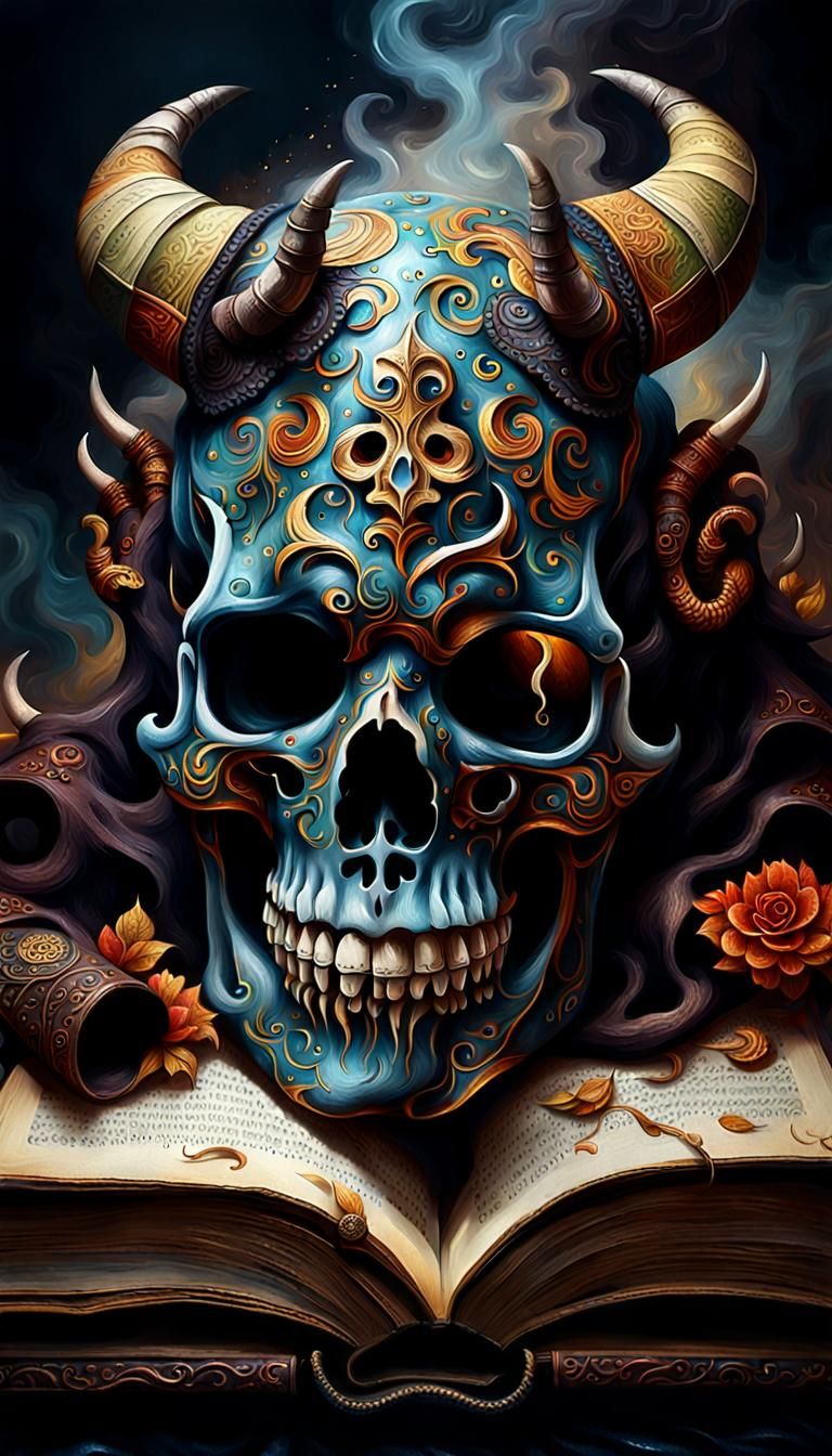 Ornate Skull on Ancient Book, Dark Fantasy Oil Painting