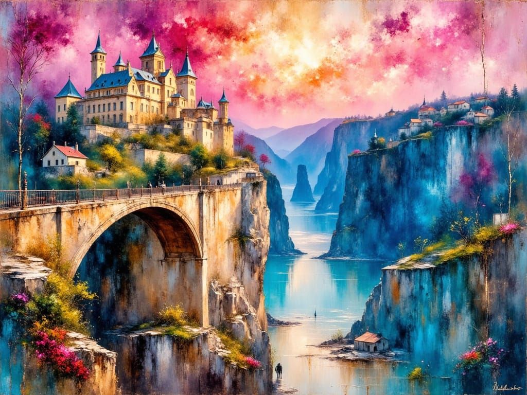 Magical Castle on Cliff in Impressionist Style