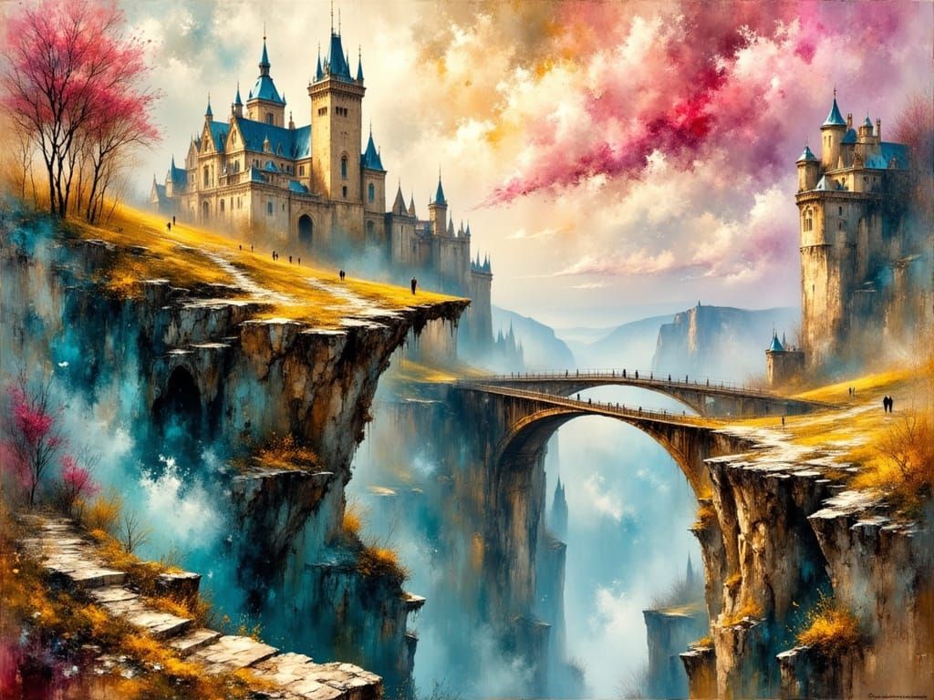 Extravagant Castle and Bridge in Gustav Klimt Style