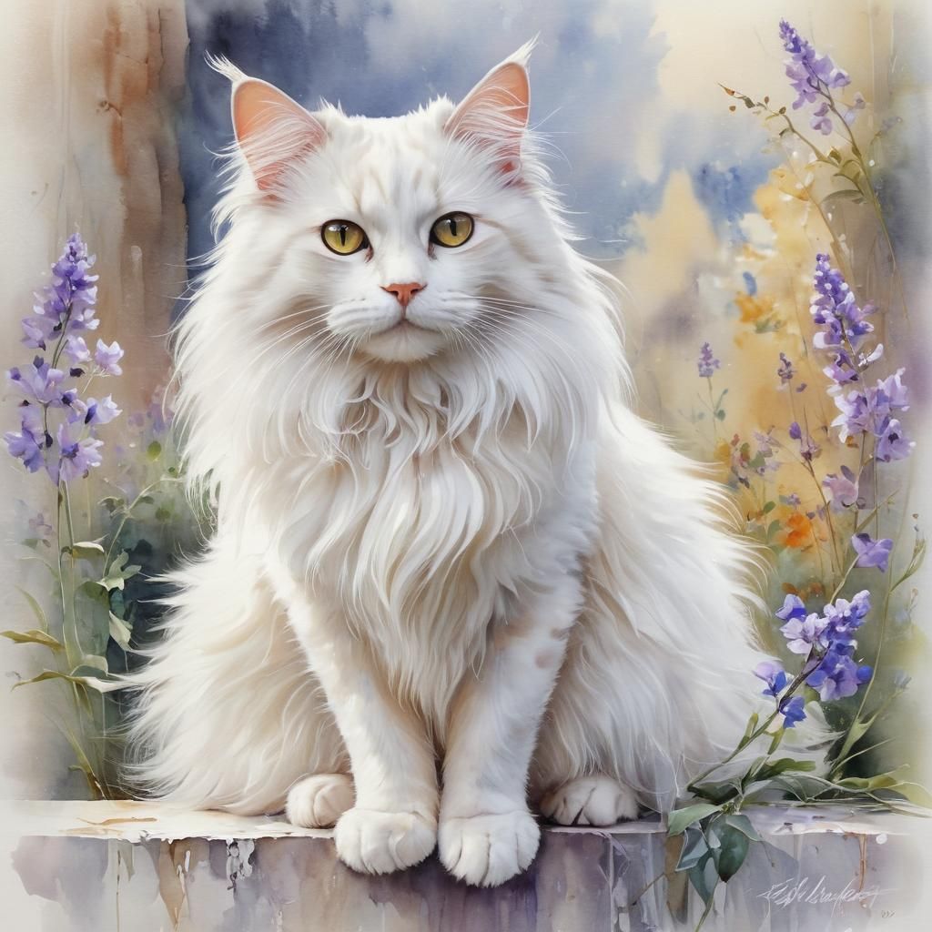 Elegant Long-Haired Cat in Whimsical Watercolor Landscape