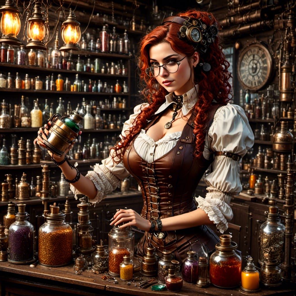 Steampunk Potion Shop Scene With Girl and Customer