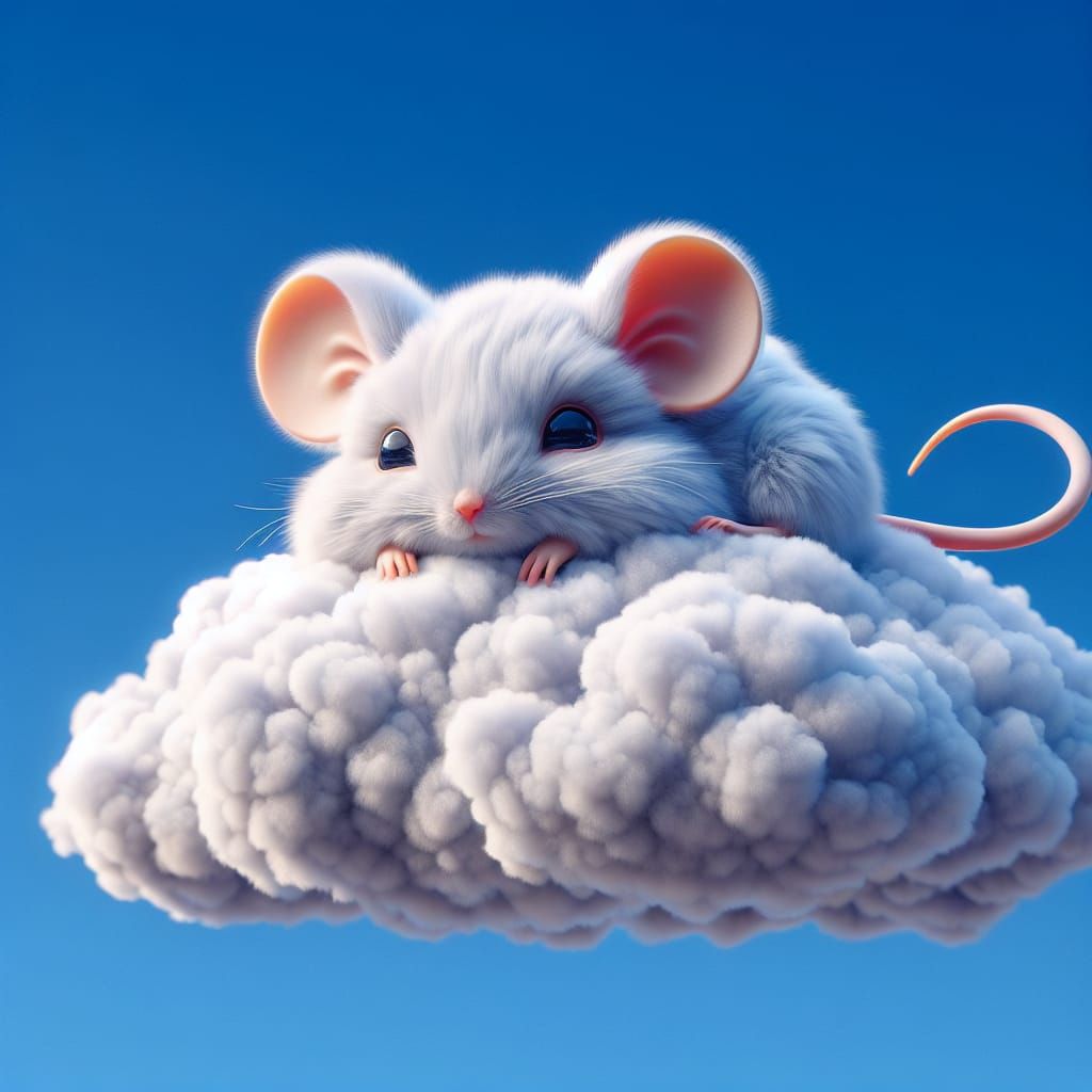 Fluffy Cloud Mouse Sleeping in Blue Sky