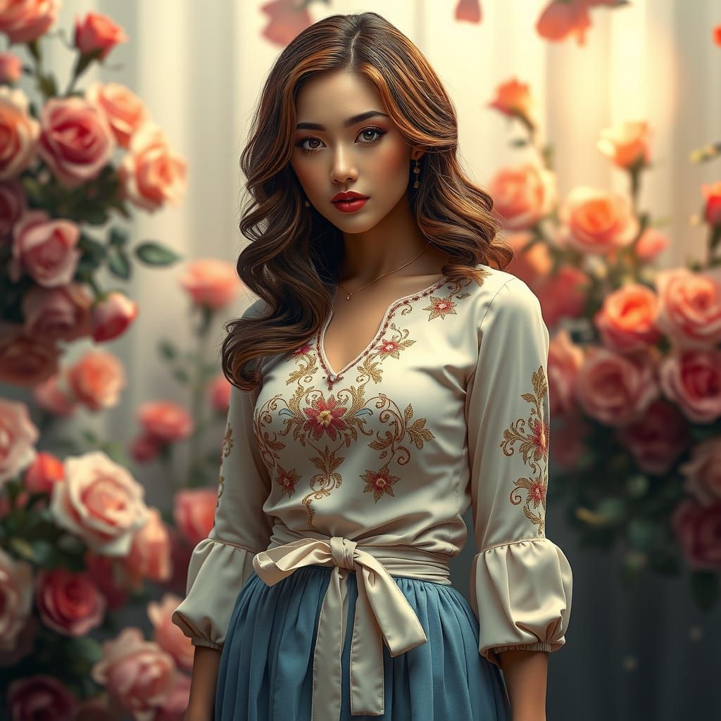 Elegant Woman in Romantic Setting with Intricately Embroider...