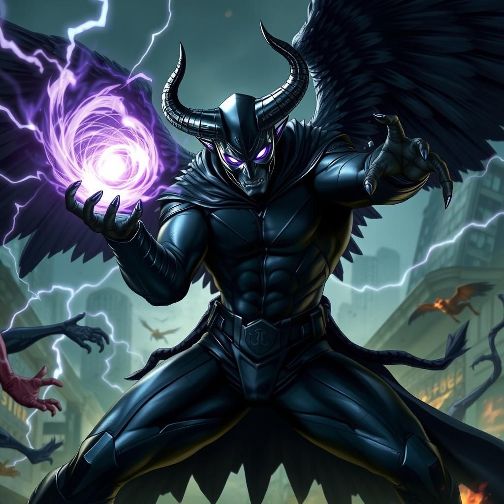 Dark Superhero with Wings and Energy Ball