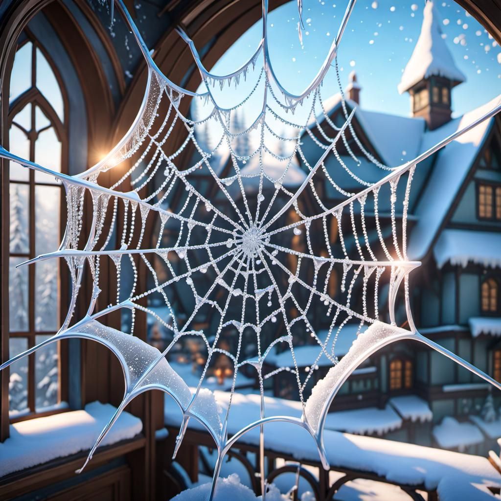 Icy Spider Web on Frozen Window in Hyperdetailed Style