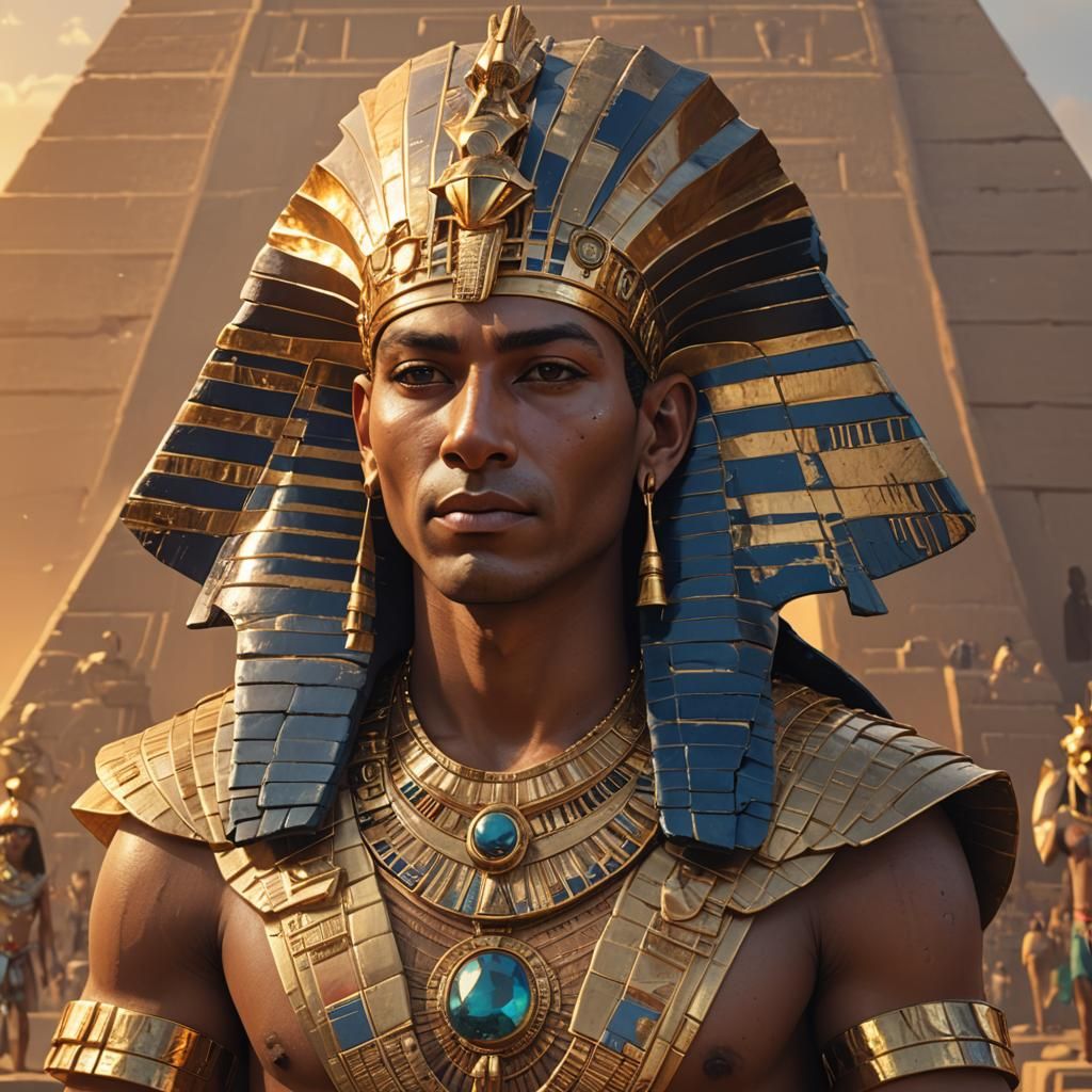 Egyptian Pharaoh Portrait with Pyramid at Sunset