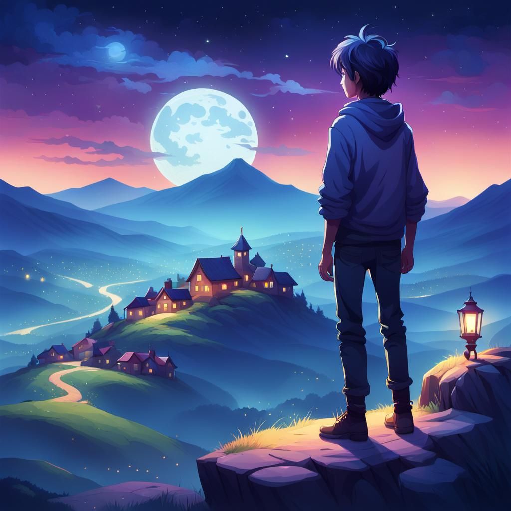 Fantasy Village Scene at Sunset in a 2D Illustration Style