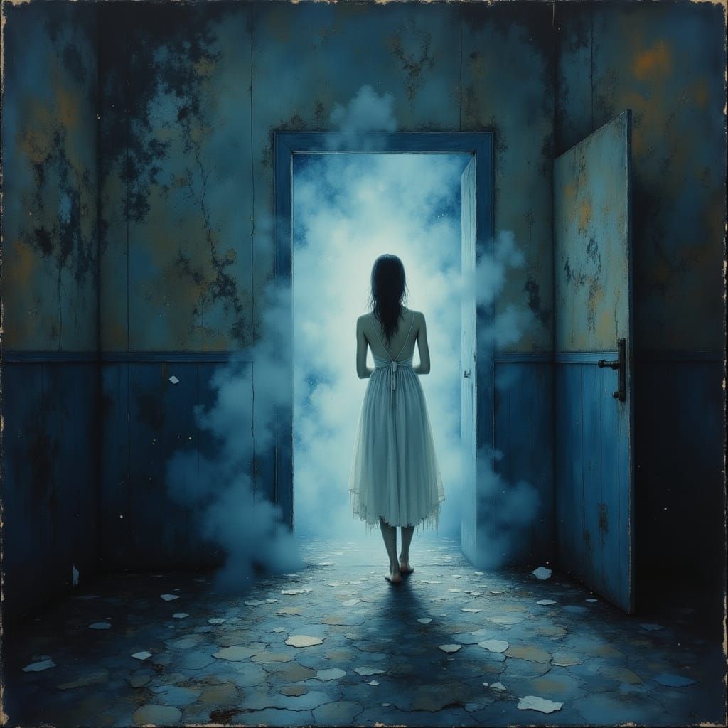 Woman in Abandoned Room with Blue Twilight