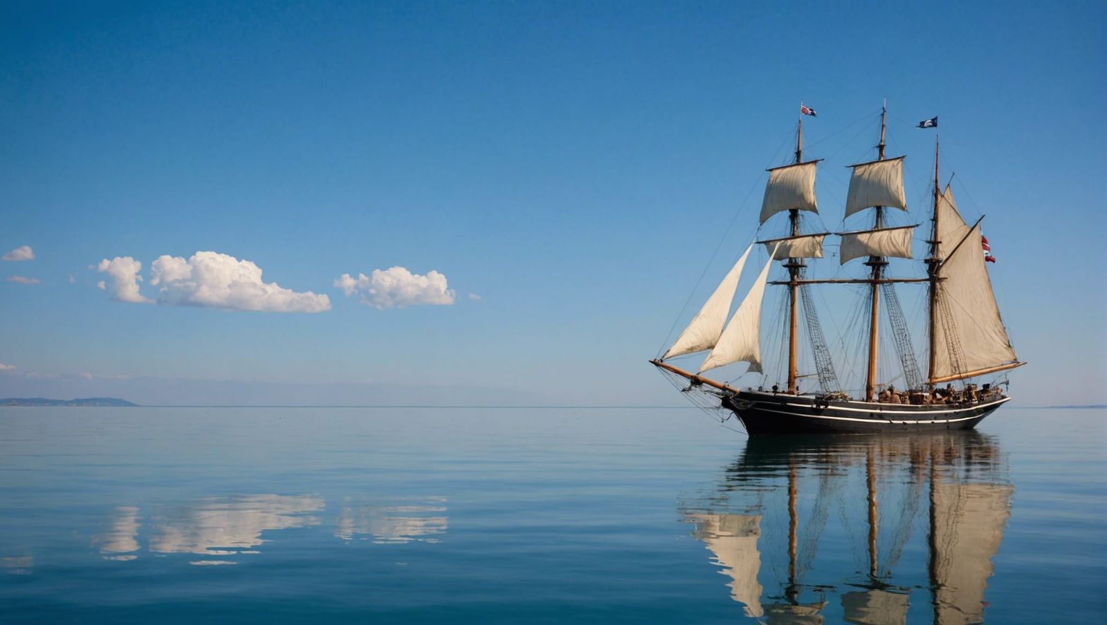 Becalmed Sailing Ship on Mirror Calm Sea