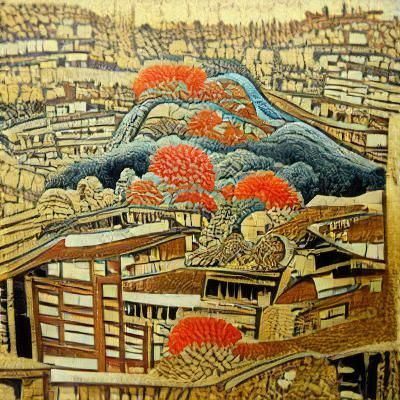 Kyoto Scenic View in Hokusai Woodblock Style
